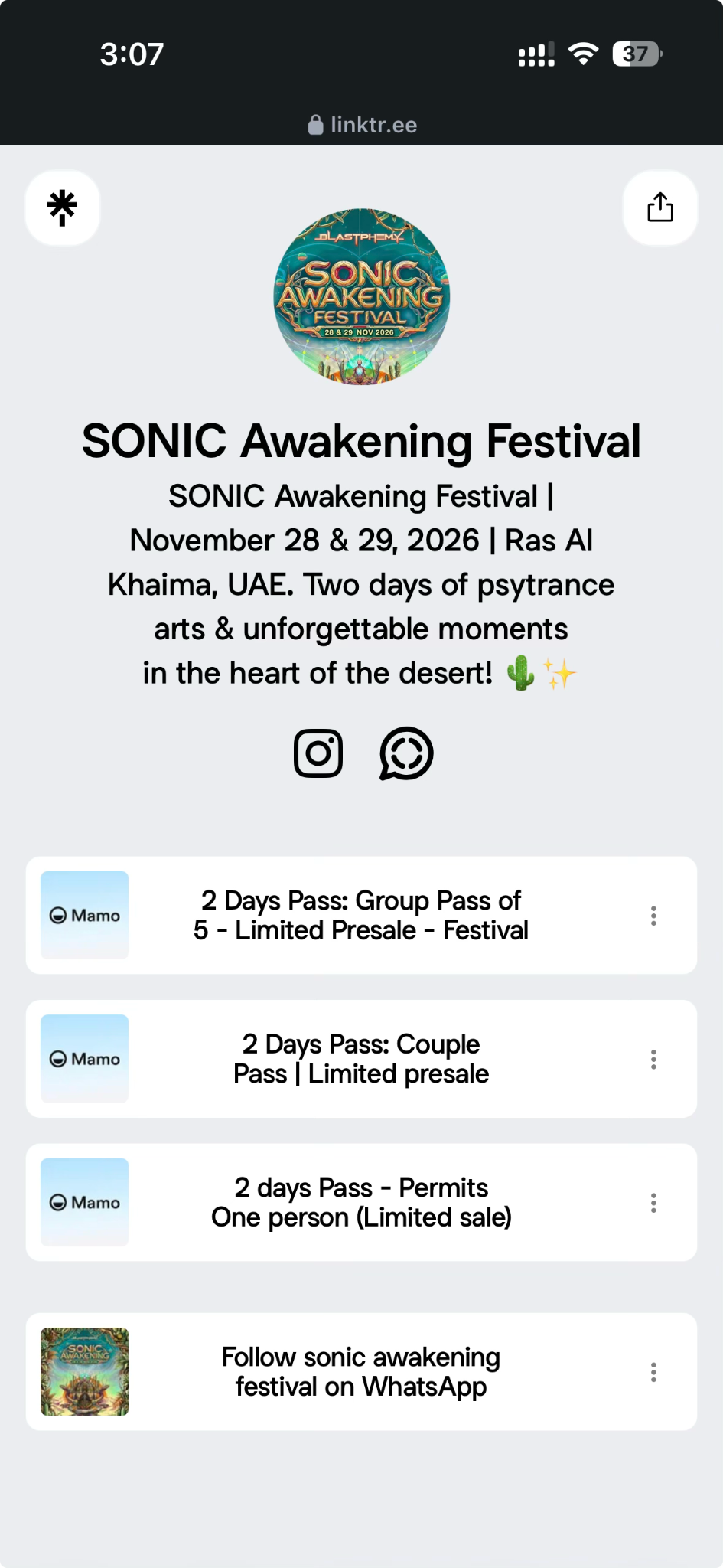 Supplied Sonic Awakening Festival links-page screenshot naming Ras Al Khaimah and 28 and 29 November 2026